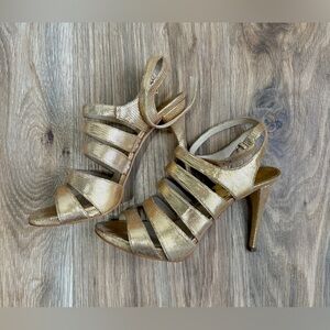 Michael Kors Elena Metallic Gold Leather Strappy Heels Size 7.5M EUC